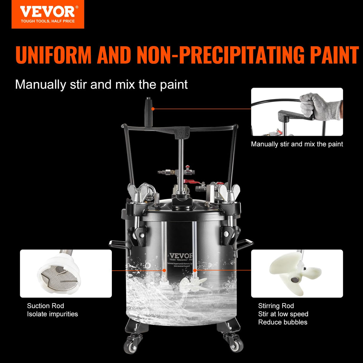 VEVOR Spray Paint Pressure Pot, 20L/5gal Pressure Pot Tank, 70 psi Adjustale Pressure, Steel Pressure Pot Paint Tank with Casters and Leak Repair Sealant, for Home Decor and Industry Painting VEVOR