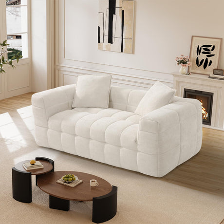 DAMAIFROM 66.5" Chenille Cloud Sofa Couch with 2 Soft Pillows, Comfy Upholstered Chenille 2 Seater LoveSeat Sofa, Modern Deep Seat Sherpa Cloud Couch, Oversized Love Seat for Living Room, Beige White DAMAIFROM