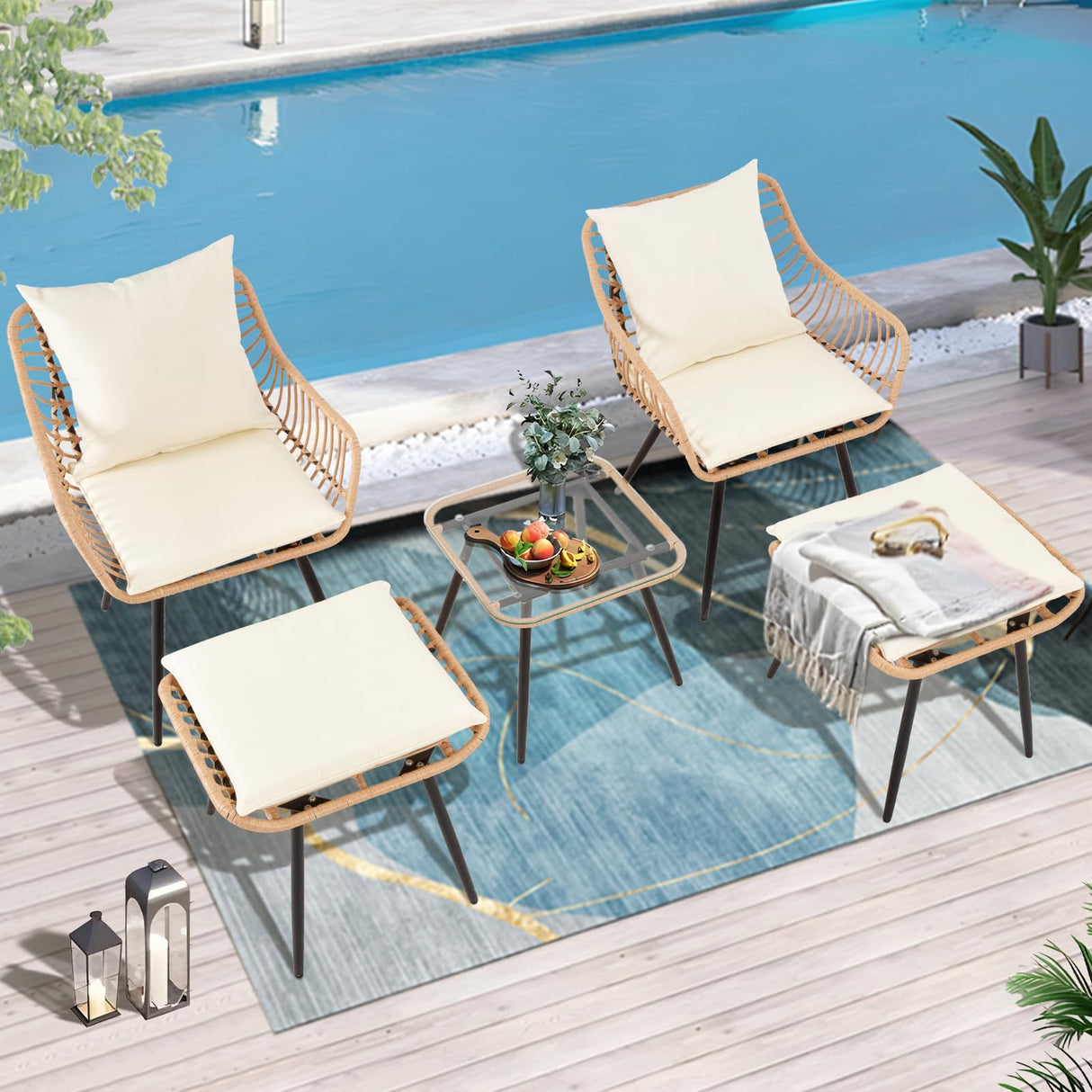 PORWEY 5 Piece Patio Bistro Set with Ottoman, Outdoor Wicker Apartment Balcony Furniture Sets, Rattan Table and Chairs Set of 2 for Porch Backyard Lawn Poolside Deck (Yellow/Beige) PORWEY