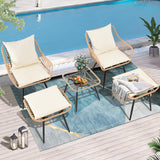 PORWEY 5 Piece Patio Bistro Set with Ottoman, Outdoor Wicker Apartment Balcony Furniture Sets, Rattan Table and Chairs Set of 2 for Porch Backyard Lawn Poolside Deck (Yellow/Beige) PORWEY