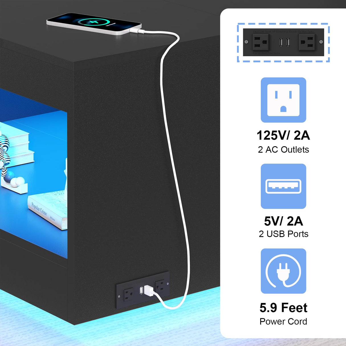 Black Coffee Table with Open Storage, Square Wood Coffee Table with LED Lights and Charging Station, Stylish Living Room Table, Modern Center Table for Living Room, Bedroom, Office Gacfiew