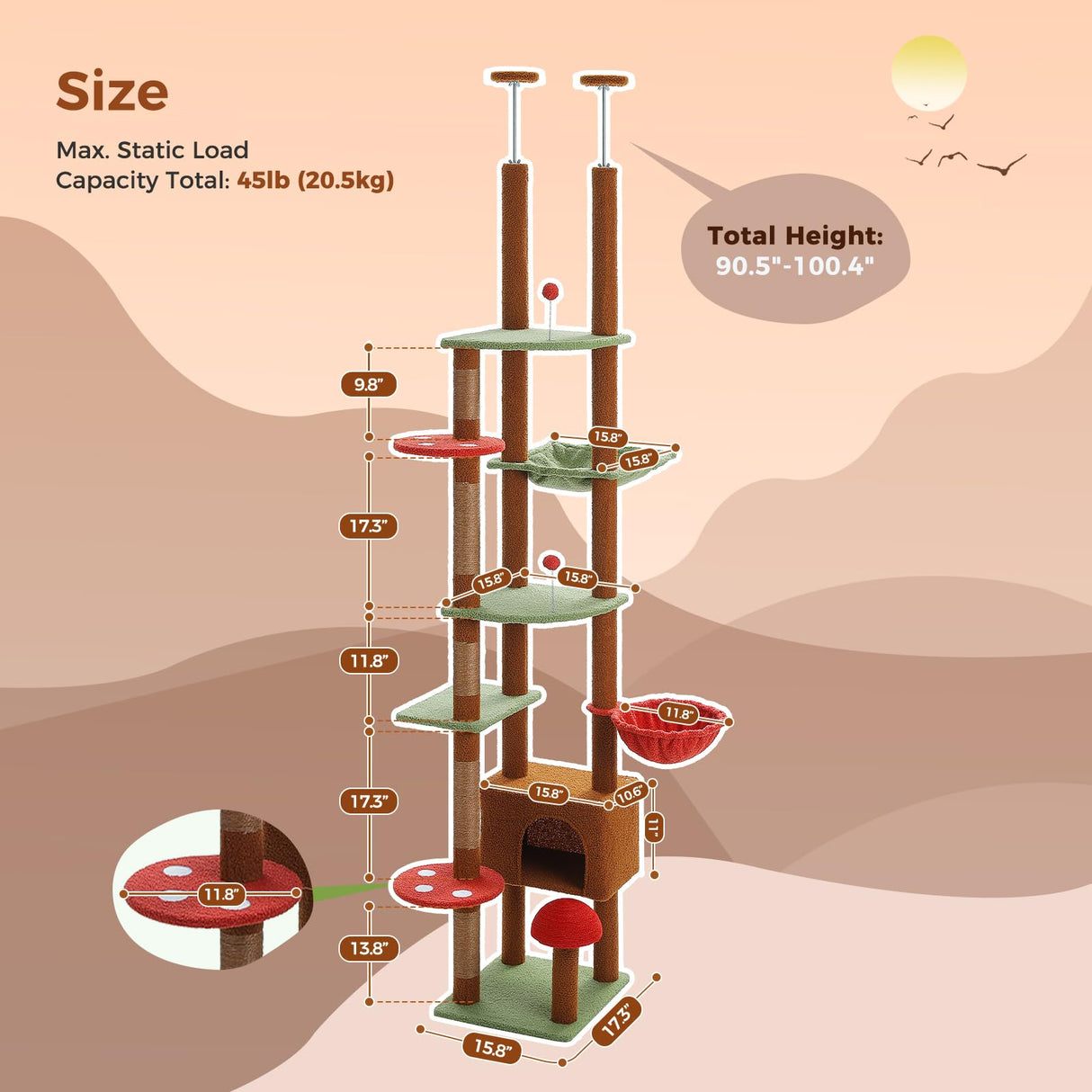 PEQULTI Mushroom Floor to Ceiling Cat Tower Adjustable Height (90.5''-100.4'' = 230cm-252cm) With Condo, Cozy Hammock and Scratching Post, Tall Activity Tree for Indoor Cats, Brown PEQULTI
