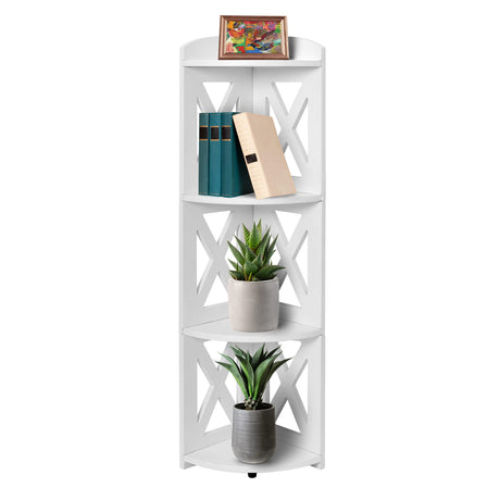 NHZ Corner Shelf Stand, Wood Corner Bookshelf, Corner Bookcase and Plant Stand (White, 4 Tier) NHZ