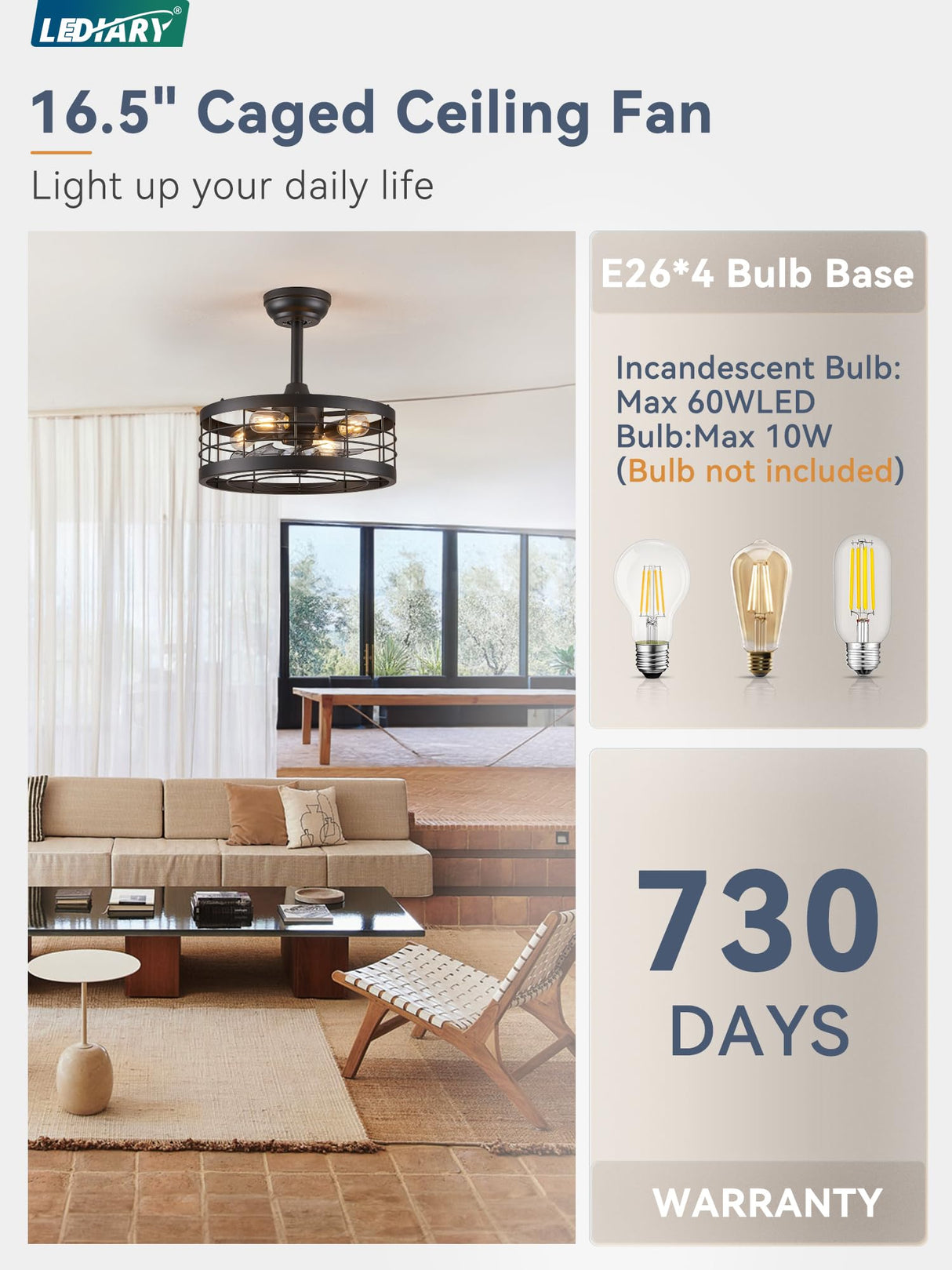 LEDIARY 16.5 inch Black Caged Ceiling Fan with Light, Fandelier Industrial Ceiling Fan with Remote, Farmhouse Fan Lights Ceiling Fixtures for Kitchen, Bedroom, Outdoor（6 Speed, Timing）-Black LEDIARY