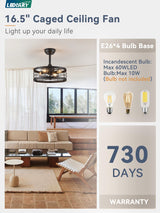 LEDIARY 16.5 inch Black Caged Ceiling Fan with Light, Fandelier Industrial Ceiling Fan with Remote, Farmhouse Fan Lights Ceiling Fixtures for Kitchen, Bedroom, Outdoor（6 Speed, Timing）-Black LEDIARY