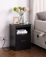 Kavonty Nightstand with Charging Station,End Table with 2 Drawers,Wooden End Table with Drawer and Opening Shelf,Side Table for Bedroom, Black Kavonty