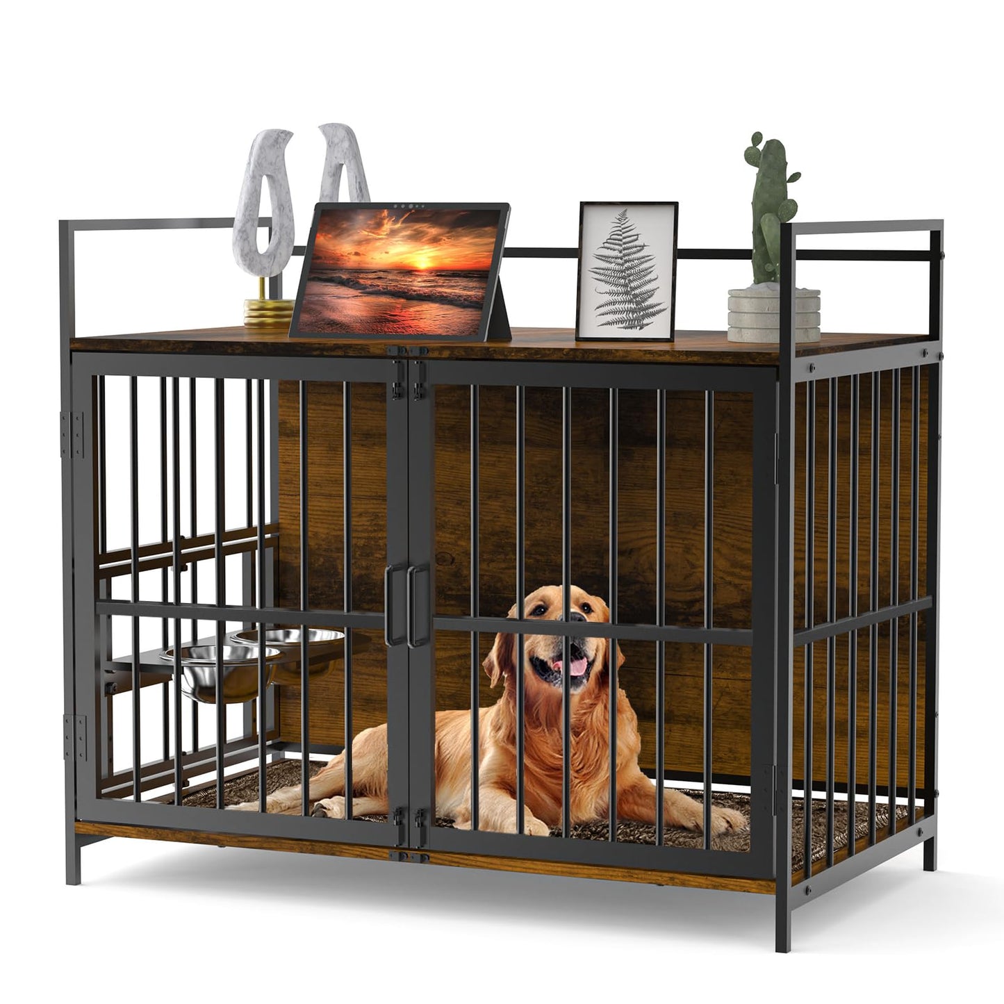 ROOMTEC Dog Crate Furniture-Style Cages for Large Dogs Indoor Heavy Duty Super Sturdy Dog Kennels with 2 Stainless Steel Bowls (48Inch = Int.dims: 46" W x 29" D x 35.5" H) - WoodArtSupply