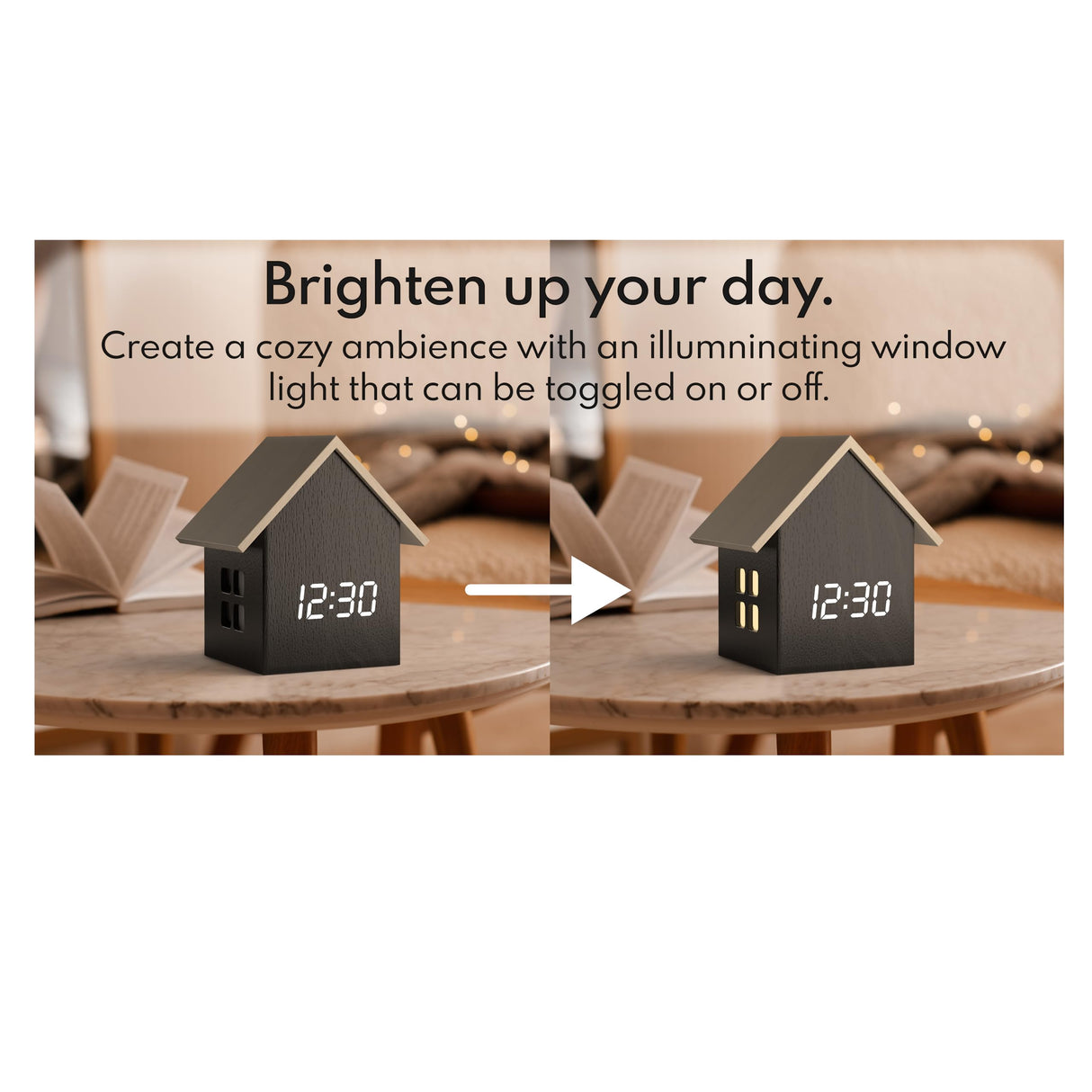 Driini Digital House Shaped Alarm Clock with Temperature Display (Dark Wood) – Modern Aesthetic with Cute Cube Frame and White LED Dimmer - Perfect Small Desk Clock for Bedside Table or Bedroom Mantle Driini