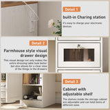 Vabches Farmhouse Makeup Vanity Desk with Mirror and Lights,White Vanity Table with Charging Station & Jewelry Storage,5 Drawers & 2 Cabinets,Dressing Table with Hidden Storage & Open Shelves Vabches