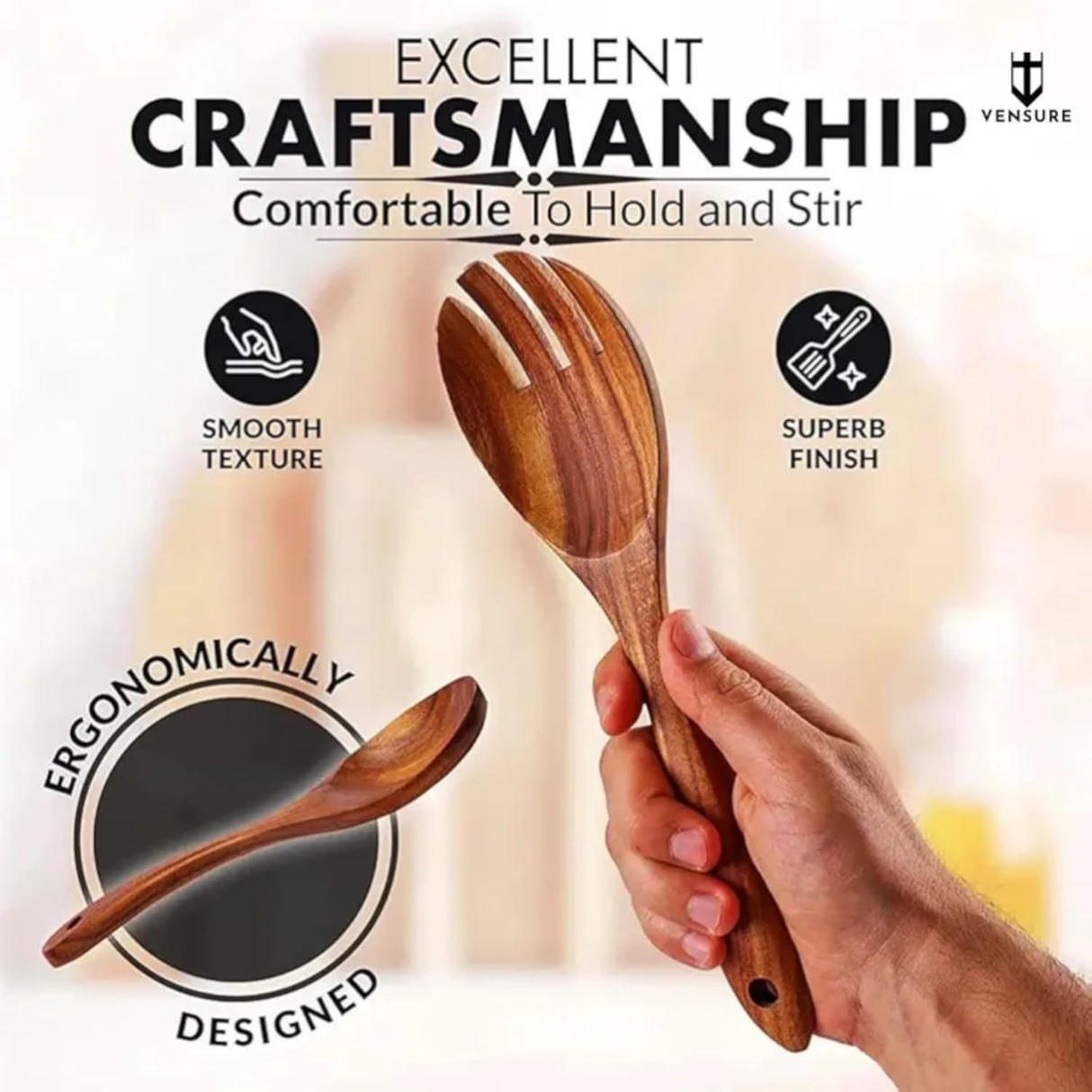 Vensure Wooden Spoons for Cooking 6-Piece, 12 Inch Wooden Spatula Spoon Set for Cooking, Non-Stick Wooden Cooking Utensils -Soft Comfort-Grip Wood Spoons for Cooking, Wooden Spoon with Handmade Design Vensure