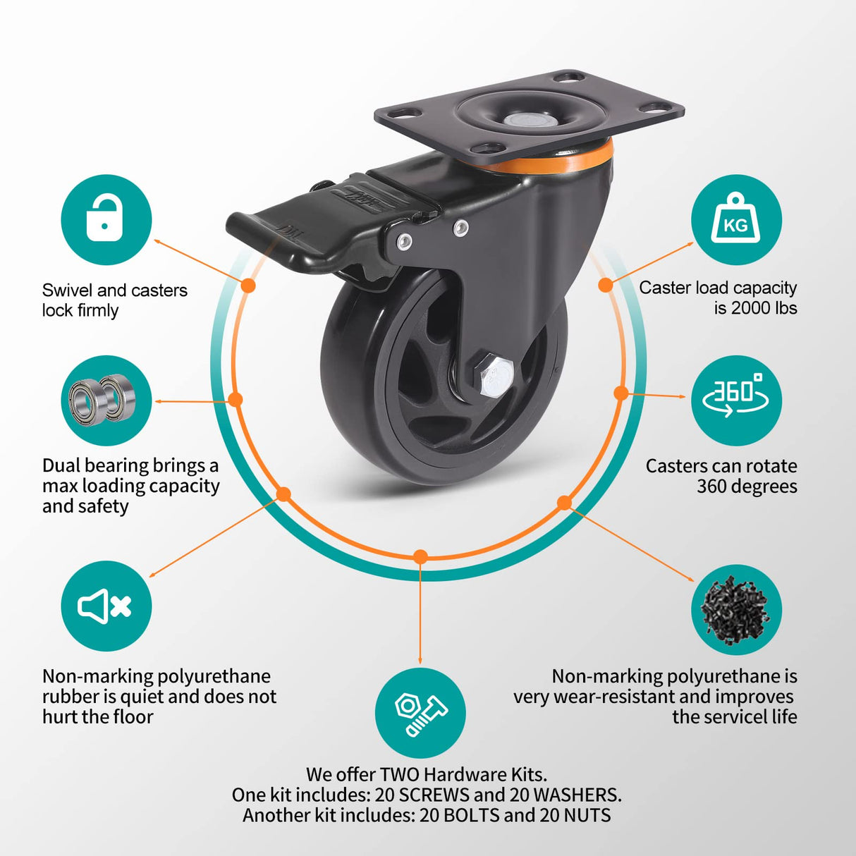 4 Inch Caster Wheels, Casters Set of 4 Heavy Duty with Brake, Polyurethane Foam No Noise Wheels, Safety Dual Locking Plate Industrial Casters, Loading 2200lbs (Two Sets Hardward Kits) ENYKE