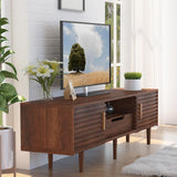 Whalefall Mid Century TV Stand for 65+ Inch TV, Entertainment Center with Sliding Door, Drawer, Storage Shelves, Mid Century Modern Media TV Console, Boho Television Stand for Living Room (59",Brown) Whalefall