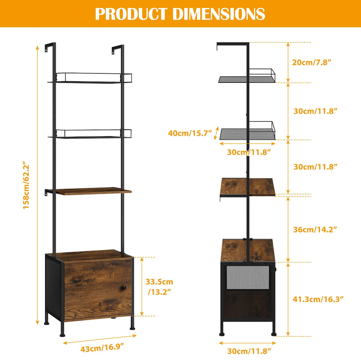 Vrisa 4 Tier Ladder Bookshelf with Drawers Wall Mounted Storage Shelves Wooden Ladder Shelf with Cabinet Display Bookcase for Living Room Bedroom Home Office Kitchen Brown Vrisa
