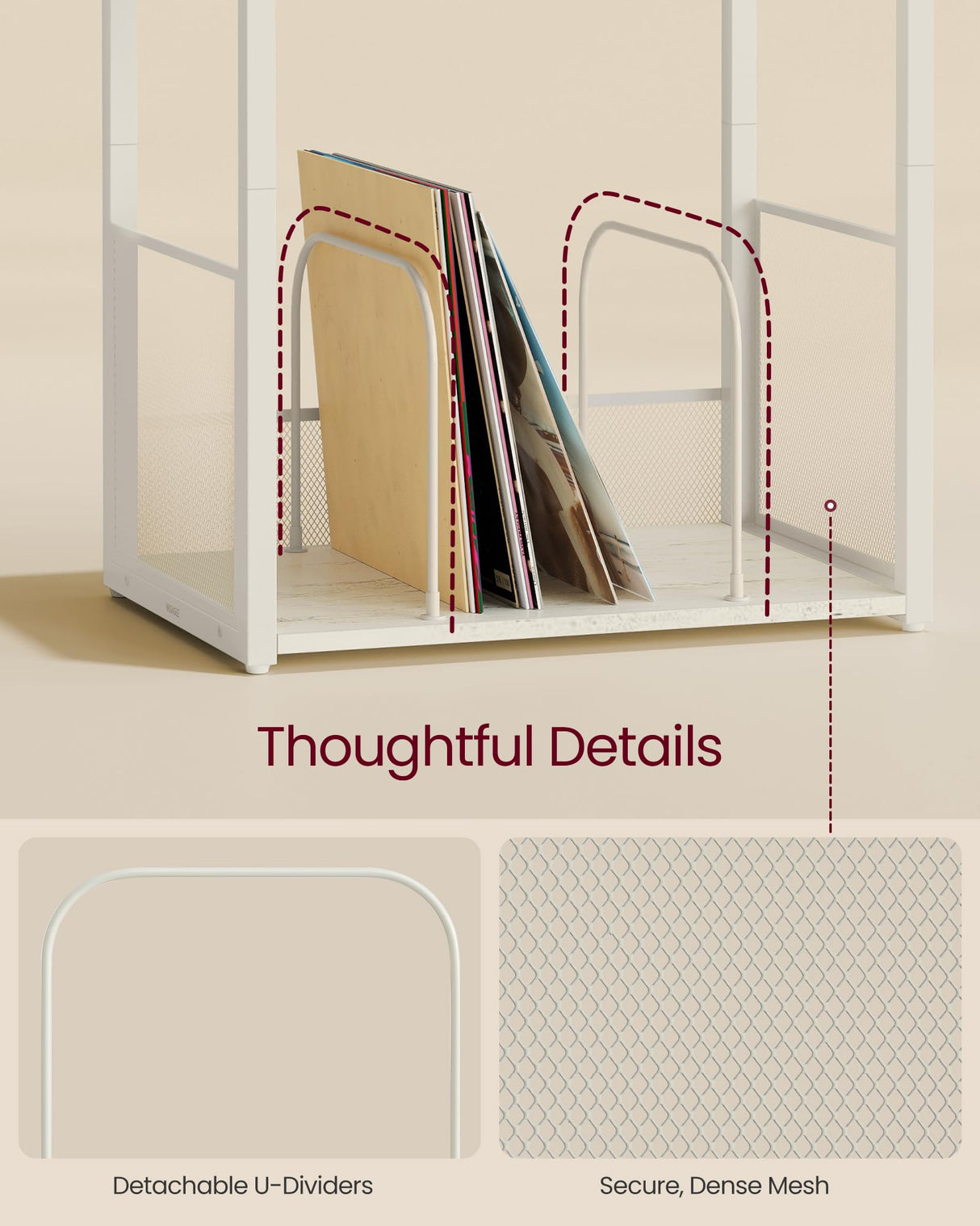 VASAGLE Record Player Stand, 3-Tier Side Table, Vinyl Record Storage up to 100 Albums, End Table for Living Room, Bedroom, Rustic White ULET275W01 VASAGLE