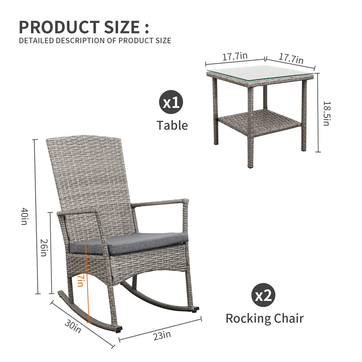 Valita 3 Piece Patio Rocking Chair Outdoor Rattan Bistro Set with Glass Top Table Conversation Set with Grey PE Wicker, Gray Cushion Valita