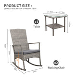 Valita 3 Piece Patio Rocking Chair Outdoor Rattan Bistro Set with Glass Top Table Conversation Set with Grey PE Wicker, Gray Cushion Valita