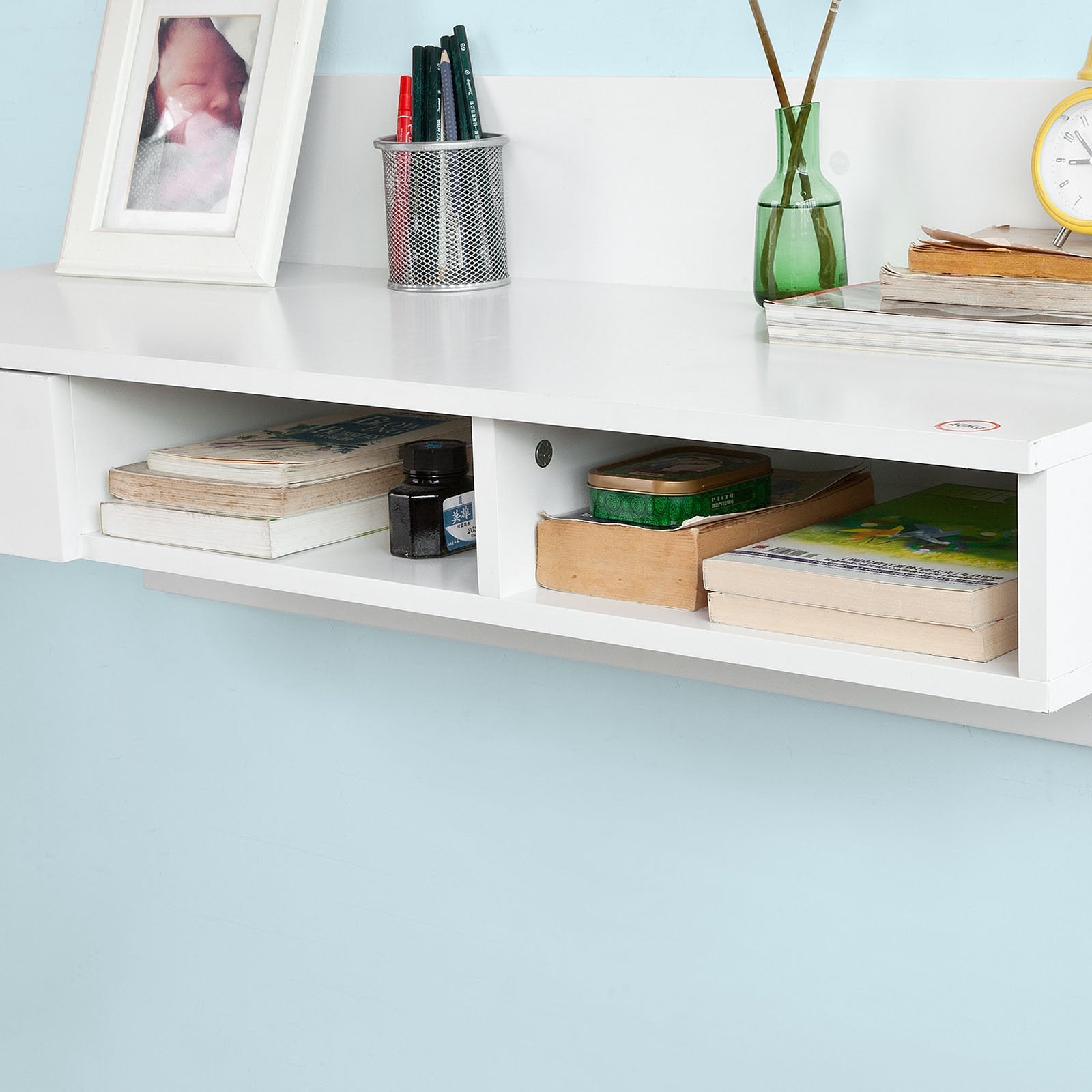 Haotian Wall-Mounted Folding Drop-Leaf Table with Storage Shelves - White - WoodArtSupply