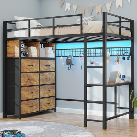 BTHFST Twin Loft Bed with Desk & 8 Drawers Tall Dresser, Metal Loft Bed with LED Lights & Charging Station, 2-Tier Storage Shelves, Stable & Sturdy, Noise Free, Rustic Brown and Black BTHFST