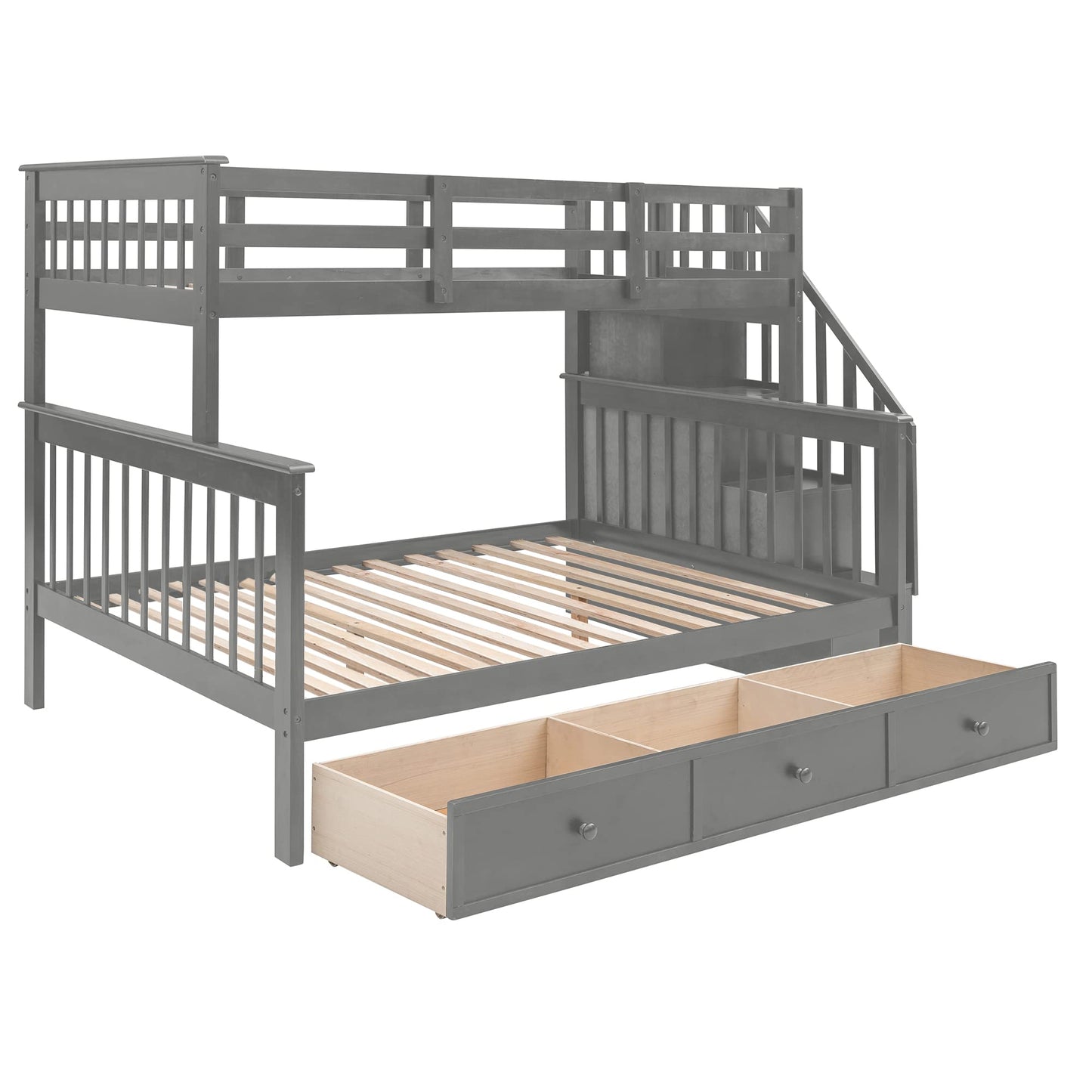 Twin Over Full Bunk Bed with Stairs and Storage Drawers by Harper & Bright Designs in Grey