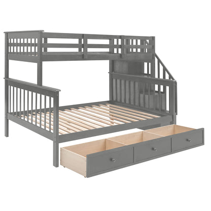 Twin Over Full Bunk Bed with Stairs and Storage Drawers by Harper & Bright Designs in Grey