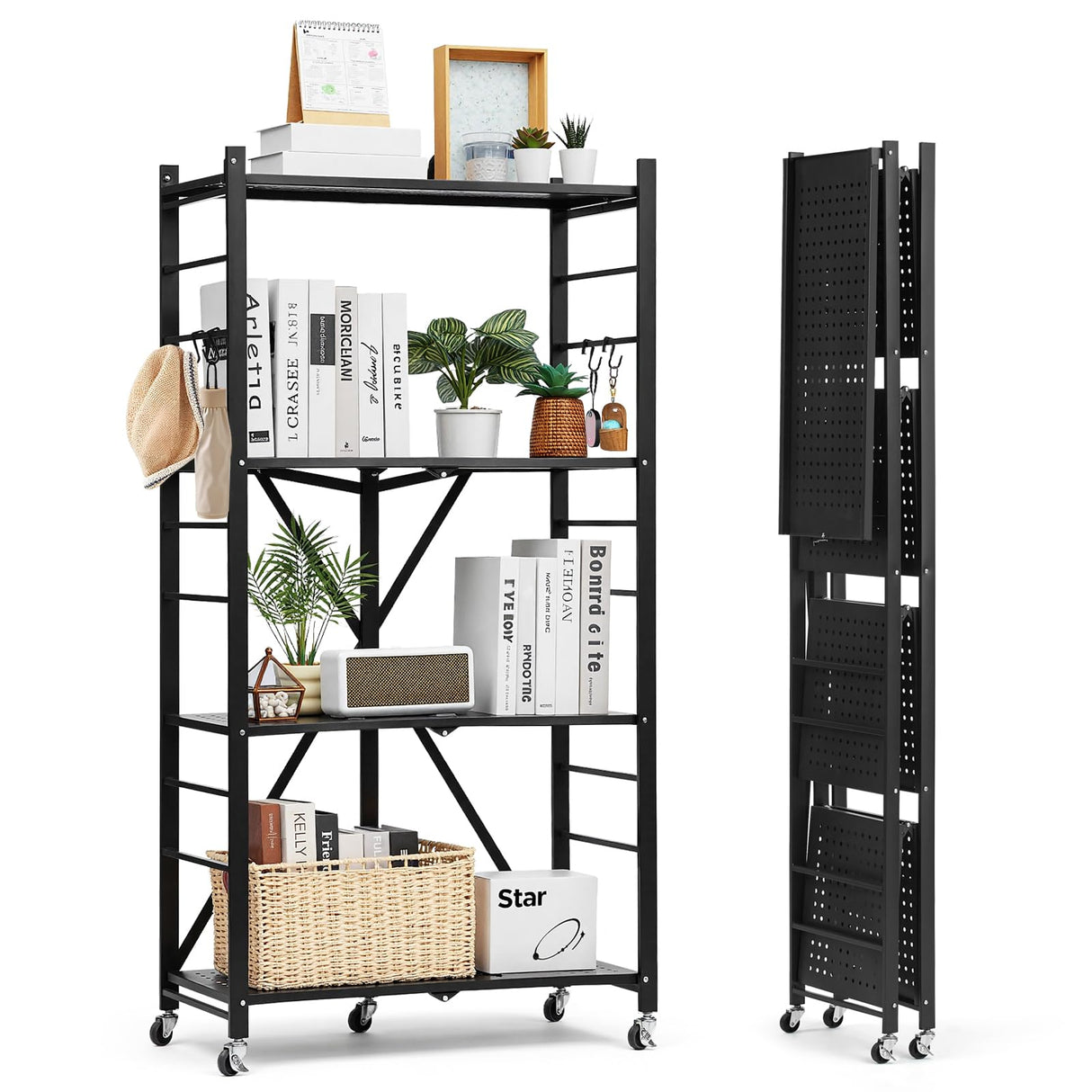 VEVOR 4-Tier Foldable Storage Shelf, 28W x 13D x 54H Inch Folding Metal Rack Shelving Unit, No Assembly Organizer Shelf with 5 Wheels & 4 Hooks for Pantry, Kitchen, Garage, Basement, Black VEVOR
