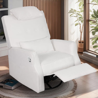 DIFYHOMEY Nursery Swivel Glider Recliner Chair Chenille Upholstered Accent Glider Rocker Recliner with Headrest and Lumbar Support Pillow for Nursery Living Room Bedroom (White)