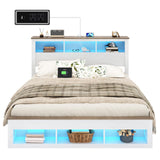 Albott King Size Farmhouse Bed Frame with Storage Bookcase Headboard and Footboard, Storage Wood Platform Bed Frame with Wood Slats Support, Noiseless LED Bed Frame, No Box Spring Needed, White Albott