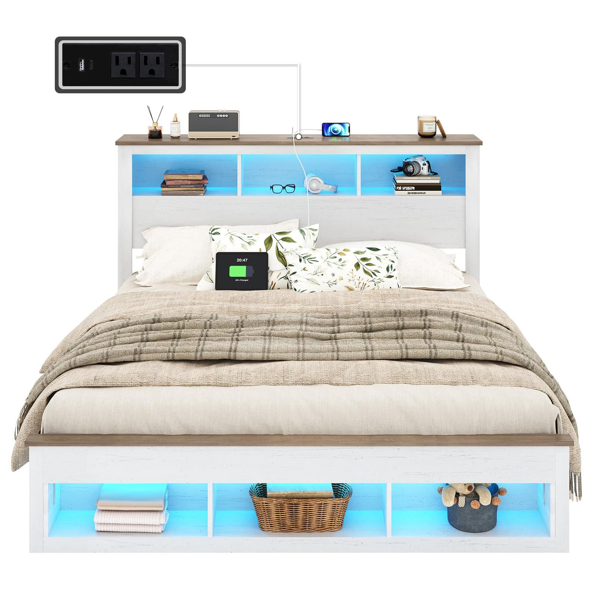 Albott Farmhouse Queen Size Bed Frame with Storage Bookcase Headboard and Footboard, Storage Wood Platform Bed Frame with Wood Slats Support, Noiseless LED Bed Frame, No Box Spring Needed, White Albott