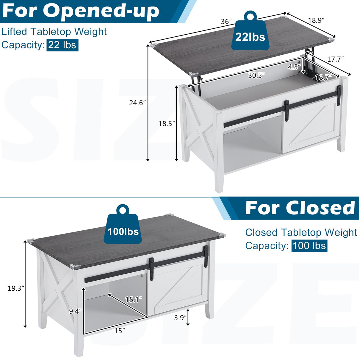 VINGLI White Charcoal Lift Top Coffee Table, 36" Small Farmhouse Barn Door Coffee Table with Storage, Rectangular Center Wood Coffe Table with Lifting Top, Living Room Tables with Hidden Compartment VINGLI