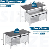 VINGLI White Charcoal Lift Top Coffee Table, 36" Small Farmhouse Barn Door Coffee Table with Storage, Rectangular Center Wood Coffe Table with Lifting Top, Living Room Tables with Hidden Compartment VINGLI