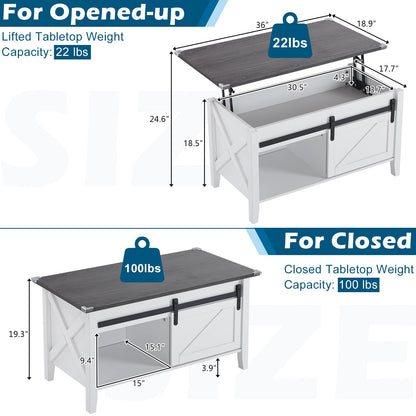 VINGLI White Charcoal Lift Top Coffee Table, 36" Small Farmhouse Barn Door Coffee Table with Storage, Rectangular Center Wood Coffe Table with Lifting Top, Living Room Tables with Hidden Comp - WoodArtSupply