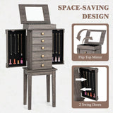GOFLAME Standing Jewelry Armoire, Jewelry Storage Cabinet with Flip Top Makeup Mirror, 5 Drawers, 2 Side Doors, 8 Necklace Hooks, Solid Wood Legs, GOFLAME