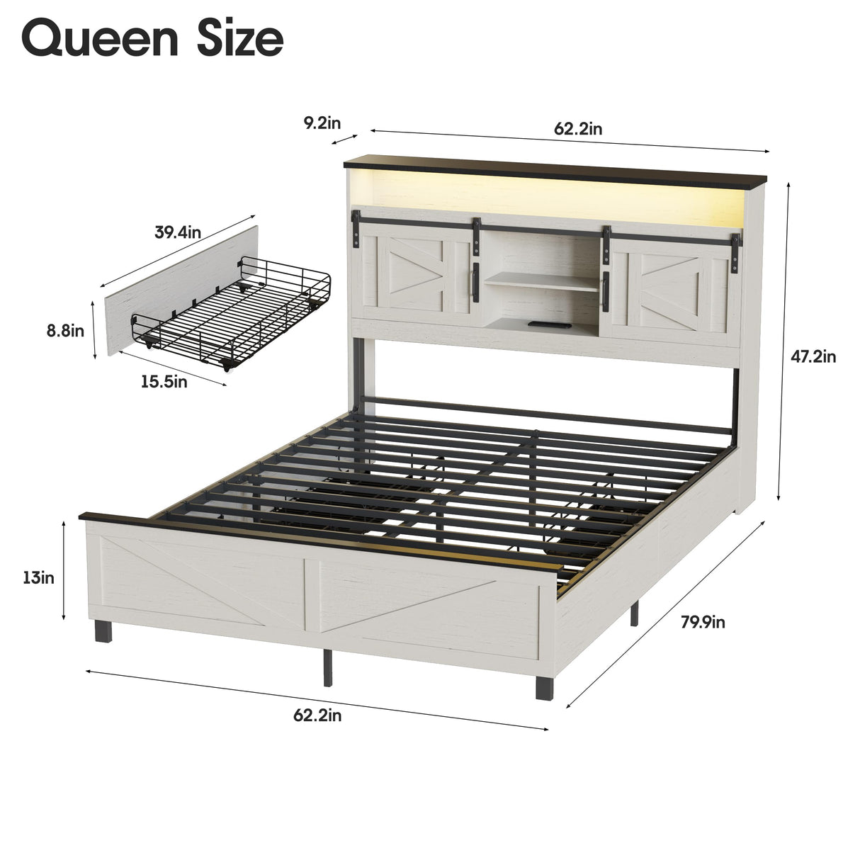 Fameill Antique White Farmhouse Queen Bed Frame with 4 Drawers, Bookcase Headboard, LED Lights & Charging Station Fameill