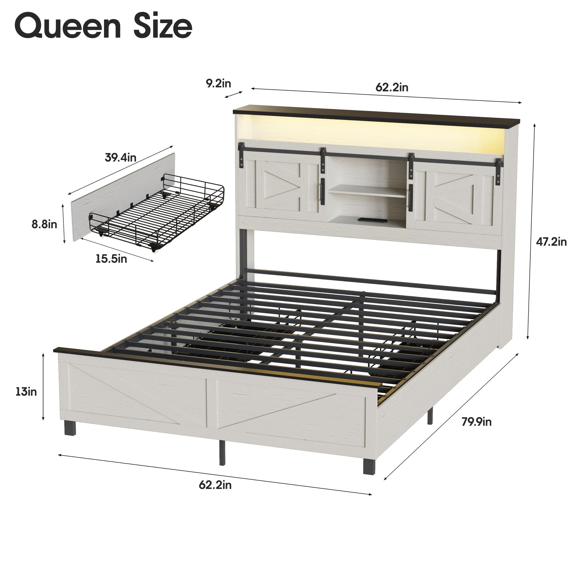 Fameill Antique White Farmhouse Queen Bed Frame with 4 Drawers, Bookcase Headboard, LED Lights & Charging Station - WoodArtSupply