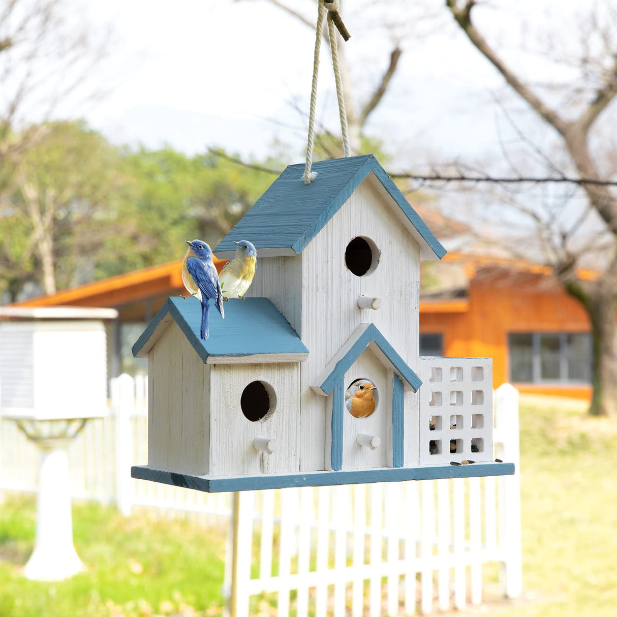 HHWODB Birdhouse Premium Bluebird Houses for Outside Attract Beautiful Birds to Your Garden and Yard Durable Outdoor Birdhouses 3 Hole Bird Houses for Outside Hanging HHWODB