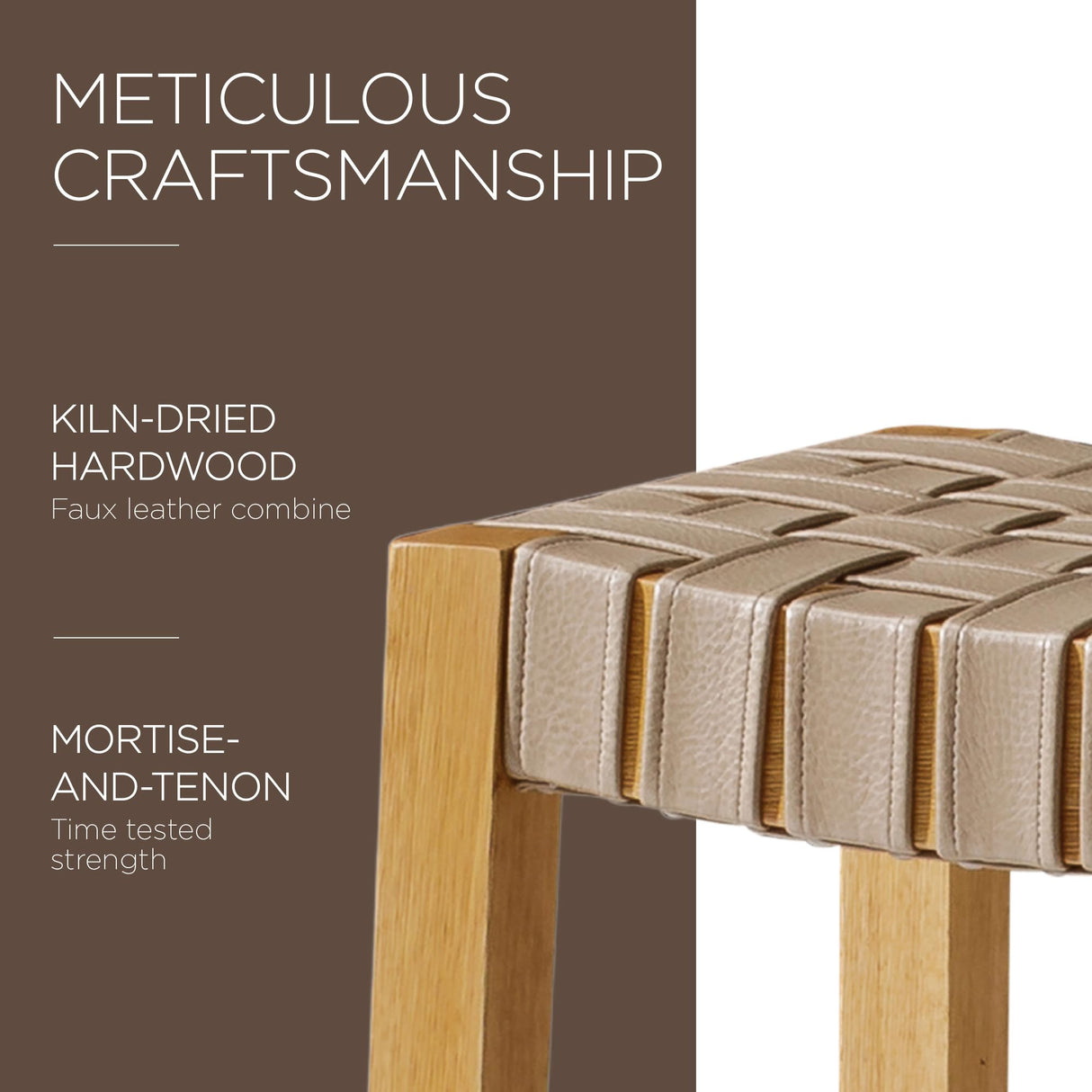 Maven Lane Emerson 26 Inch Tall Counter Height Backless Saddle Barstool in Weathered Natural Wood Finish with Avanti Bone Vegan Leather Seat Maven Lane