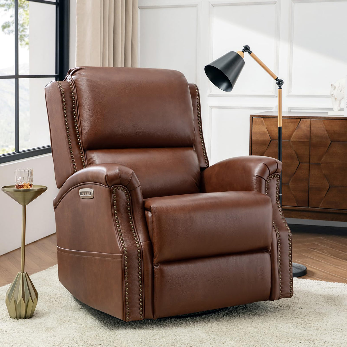 HULALA HOME Genuine Leather Recliner with One-Button Reset, Power Recliner with Electric Lumbar Support and Headrest, Traditional Swivel Rocker Recliner with USB Port and Storage Pocket, Brown HULALA HOME