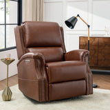 HULALA HOME Genuine Leather Recliner with One-Button Reset, Power Recliner with Electric Lumbar Support and Headrest, Traditional Swivel Rocker Recliner with USB Port and Storage Pocket, Brown HULALA HOME