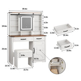 Farmhouse Makeup Vanity Desk with Sliding Mirror and Lights and Charging Station, White Vanity with Shelves and Drawers and Storage Cabinet, Make Up Vanity Desk with Cushioned Stool for Bedroom Befrases