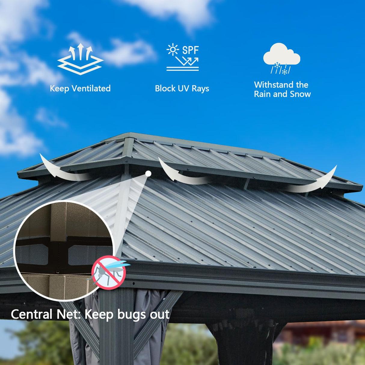 Domi Hardtop Gazebo 12x14FT, Outdoor Gazebo with Galvanized Steel Double Roof, Aluminum Frame, Built-in Gutter System, Curtain and Netting, Metal Gazebo Pavilion for Patio Deck Garden, Grey domi outdoor living