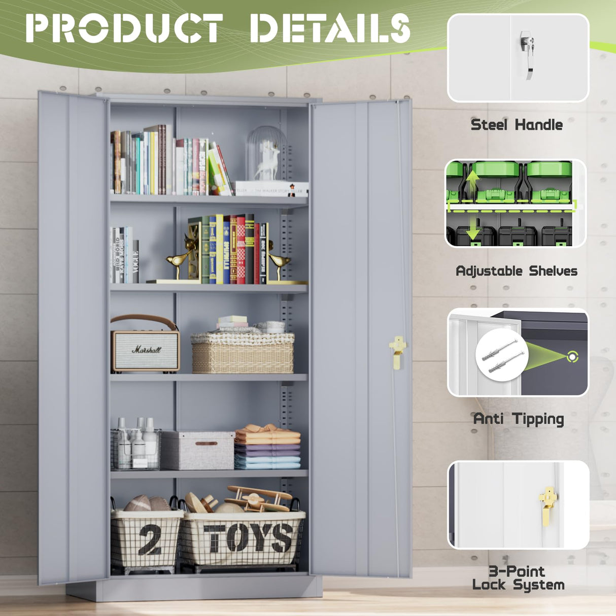 Incbruce 72” Metal Storage Cabinet, Tall Locking Steel Storage Cabinet with 2 Doors and 4 Adjustable Shelves,Lockable Storage Cabinet for Home, Office, Warehouse（Grey） Incbruce