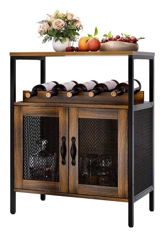 EvaStar Wine Bar Cabinet, Industrial Liquor Cabinet with Wine Rack, Coffee Bar Cabinet with Metal Mesh Doors, Small Liquor Cabinet Bar for Home, Rustic Brown - WoodArtSupply