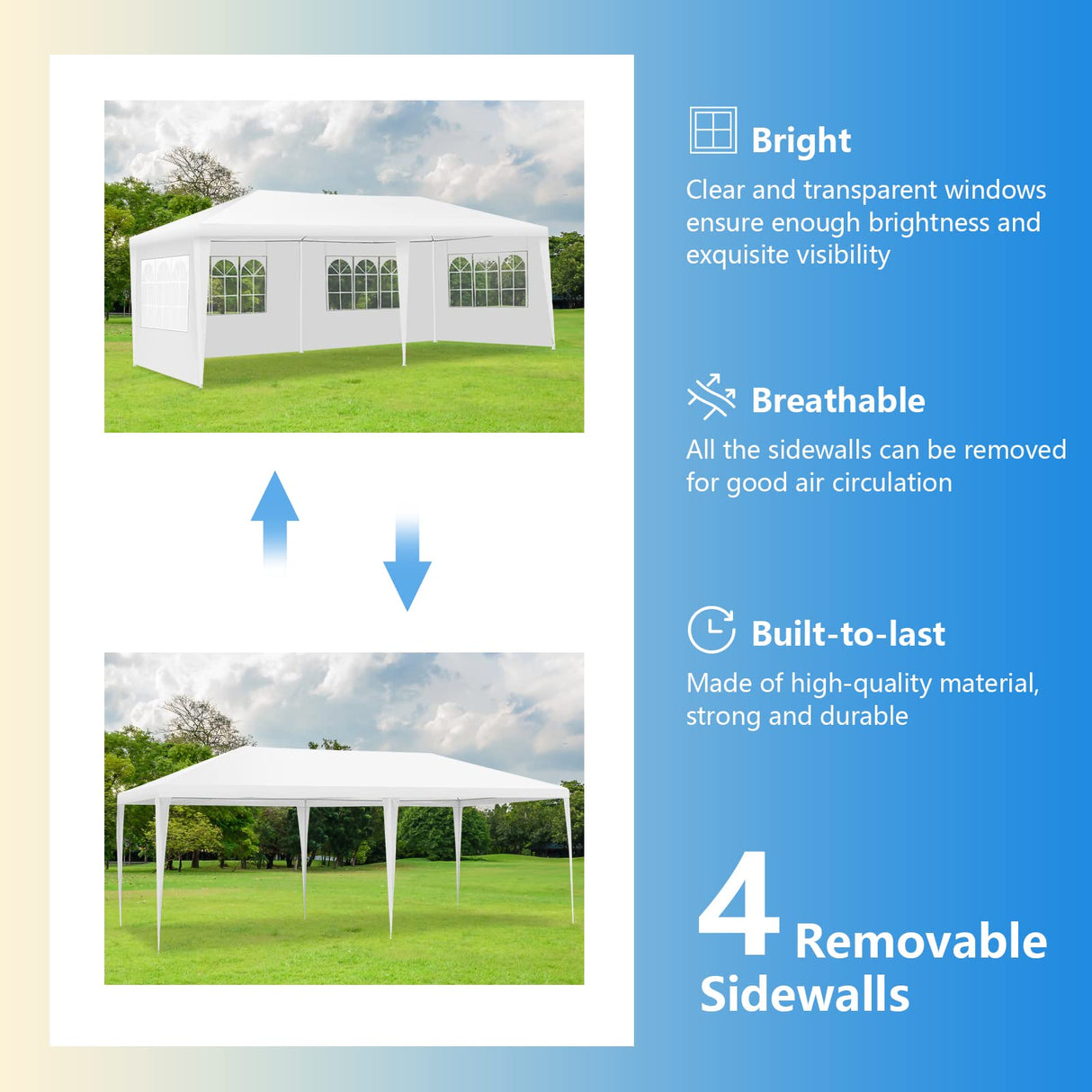Tangkula 10x20 Ft Canopy Tent, Heavy Duty Party Tent with 4 Removable Sidewalls, Wind Ropes, Ground Stakes, Outdoor White Wedding Tents for Parties, Events, Backyard Tangkula