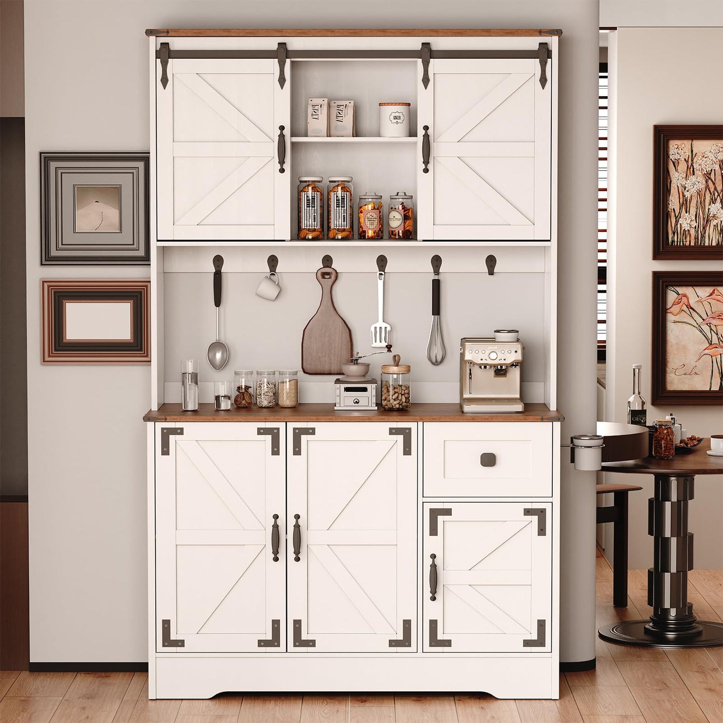 71" Pantry Cabinet, Kitchen Hutch Cabinet with Microwave Stand & Charging Station, Farmhouse Tall Storage Cabinet with Countertop, Floor Cupboard Cabinet, Bar Cabinet with Drawer and Doors, W - WoodArtSupply