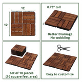 BEEFURNI Acacia Interlocking Deck Tiles (12x12 Pack 10), Acacia Wood Deck Tiles Interlocking Outdoor, Indoor Flooring Mats for Balcony Decor,Patio, Backyard, 1-Year Manufacturer Warranty (Dark Brown) BEEFURNI
