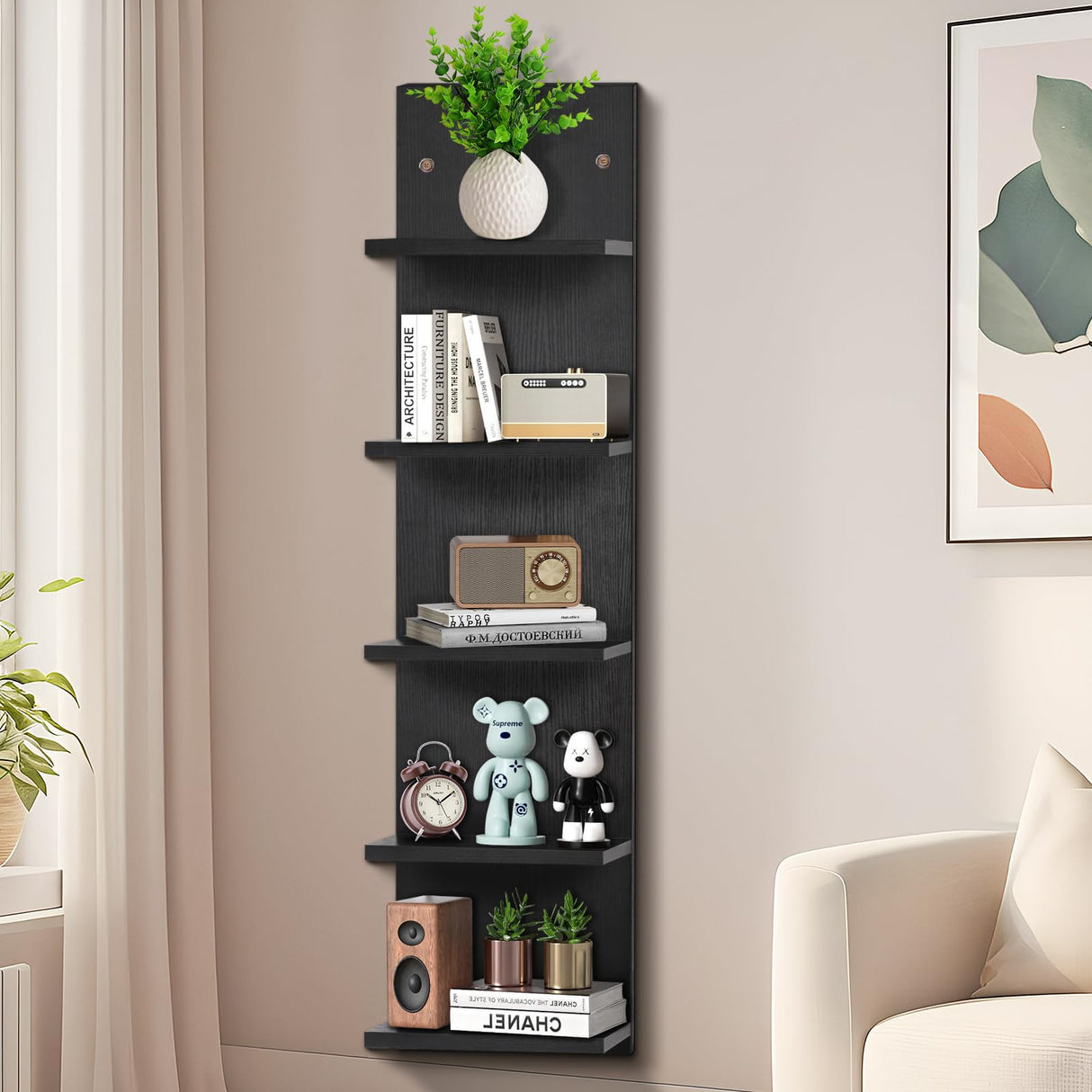 5 Tier White Floating Shelves with Light LED Wall Mount Vertical Lack Shelf with LED Wall Decor Shelves for Bedroom Living Rooms Bathroom Book Gaming Shelves Black BEARUT