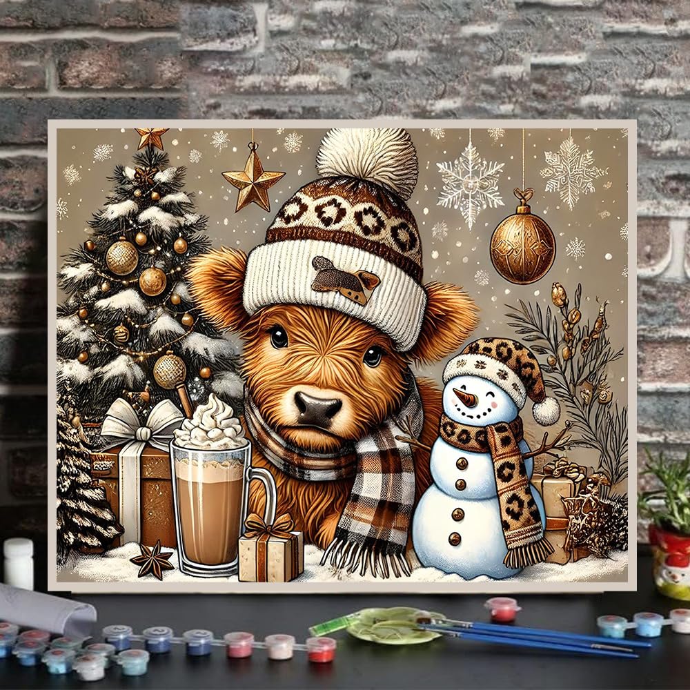Axquilon Christmas Paint by Numbers Kit for Adults Beginner-Highland Cow Adult Paint by Number Kits on Canvas, Easy Adults' Paint-by-Number Kits for Gift Home Wall Decor 20x16in Axquilon