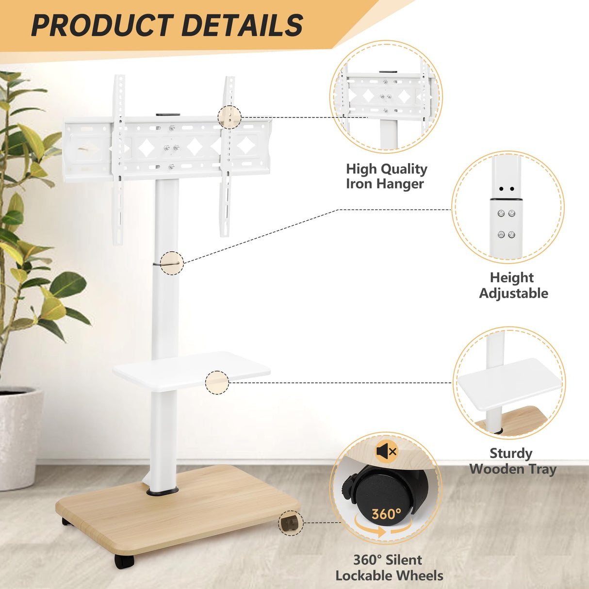 Hellsehen Rolling TV Stand for 32-70 Inch Flat Curved LED LCD OLED Screens up to 100lbs Height Adjustable Mobile TV Cart with Lockable Wheels & Laptop Shelf for Bedroom Outdoor Office Small Dorm White Hellsehen