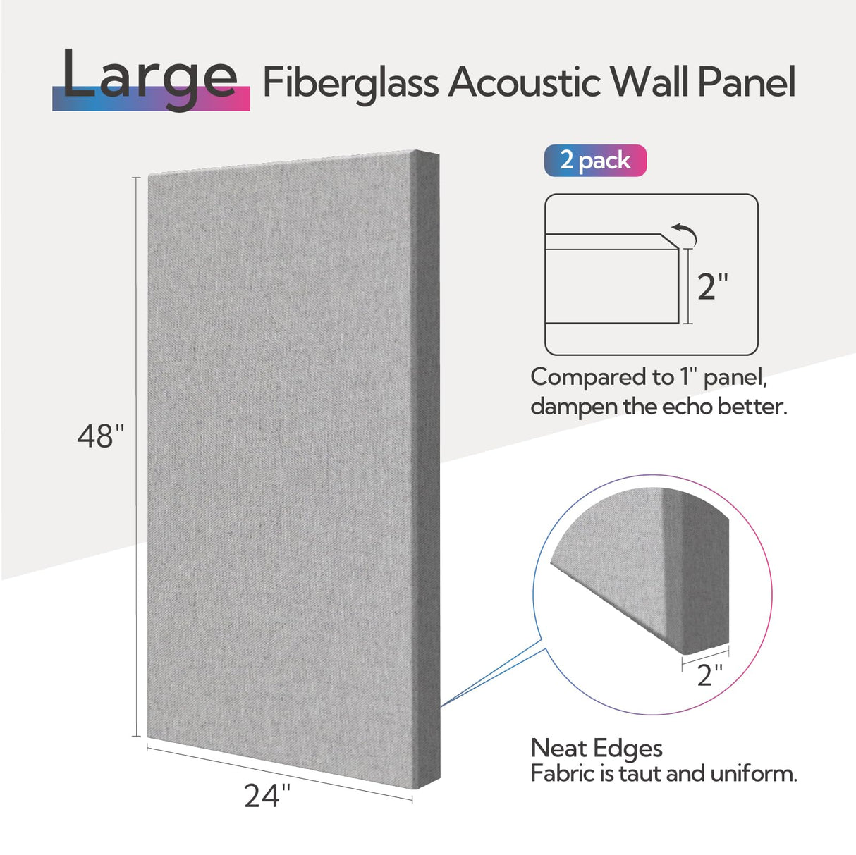 Olanglab Sound Absorbing Acoustic Wall Panels 2 Pack, 2'' 24''x48'' Fiberglass Sound Dampening Panels, Large Fabric Wrapped Sound Proof Panels for Walls (Light Gray) Olanglab