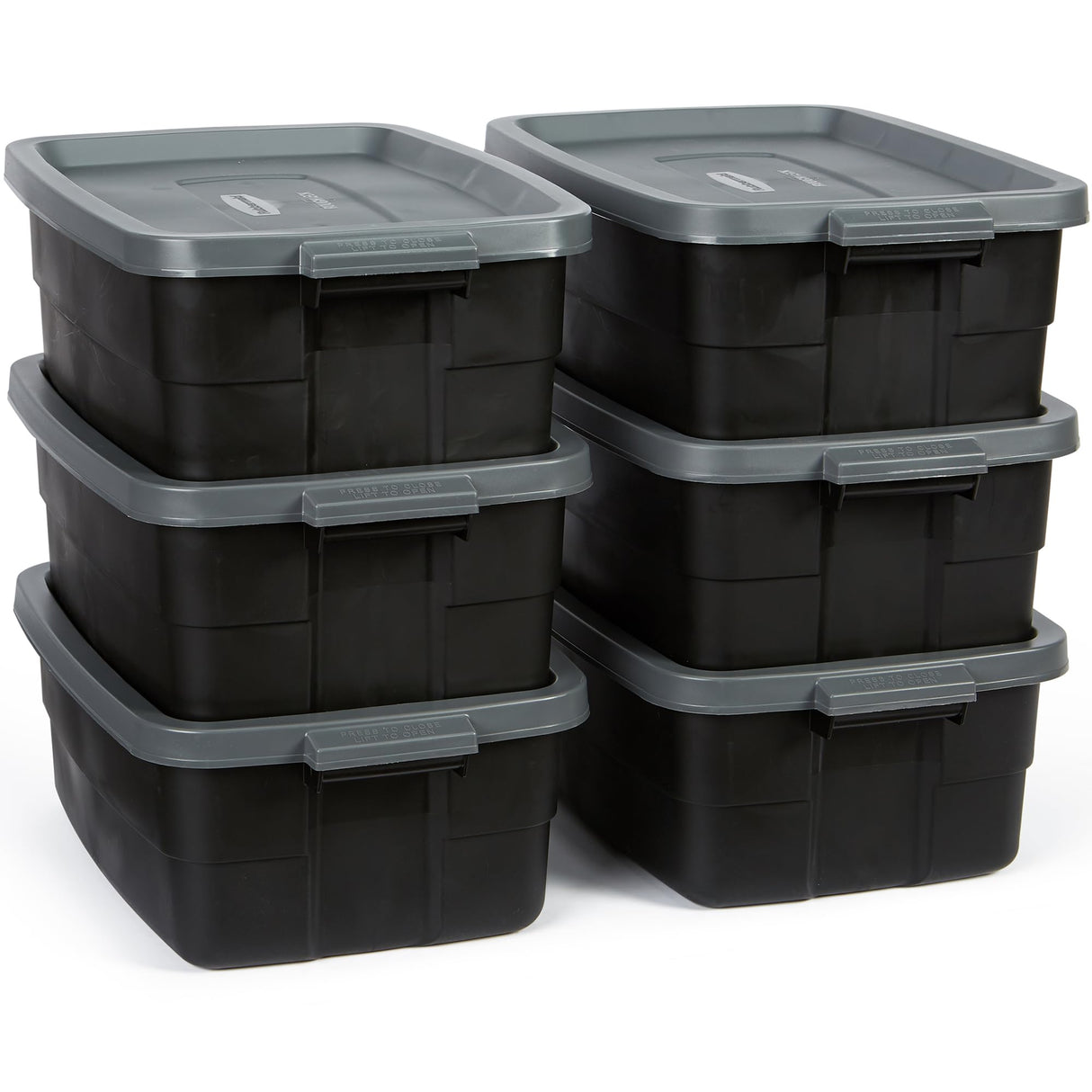 Rubbermaid 6-Pack Totes for Storage with Lids, Heavy Duty Plastic Storage Bins with Lids, Black Gray, 10 GAL - Stackable for Garage, Attic, Camping (10 GAL - 6 Pack Solid Black and Grey) Rubbermaid